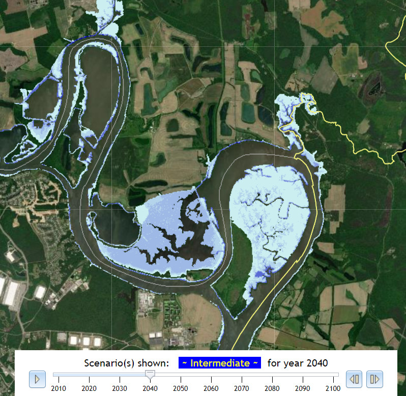 sea level rise could drown Turkey Island (Presque Isle National Wildlife Refuge) and Curles Neck by 2040