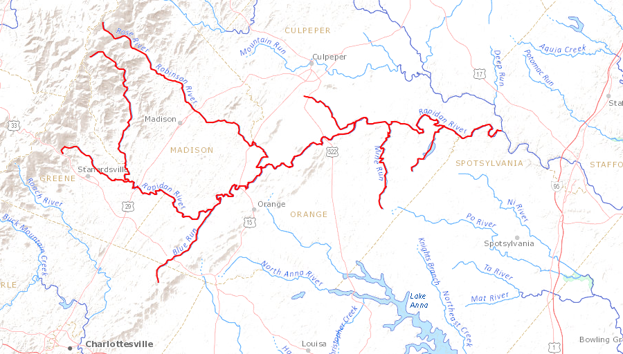 the Rapidan flows from its headwaters in the Blue Ridge (including the Rose and Conway rivers) eastward to its confluence with the Rappahannock River