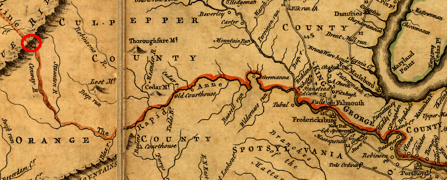 the headwaters of the Rapidan tributary of the Rappahannock River (red circle) defined the southern boundary of the Fairfax Grant