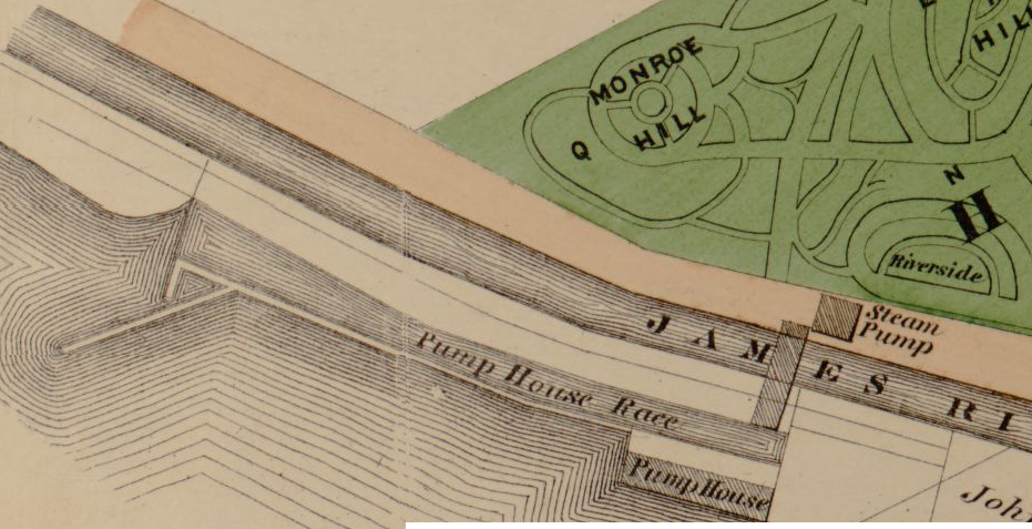 the pump to lift James River water to the Marshall Reservoir was located just upstream of the modern Lee Bridge near where President Monroe was buried in Hollywood Cemetery