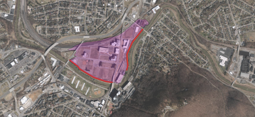 flood walls and levees protect new development planned on the floodplain across the Roanoke River from Carilion Roanoke Memorial Hospital