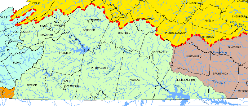 light blue color shows Roanoke River watershed in Virginia, carrying sediments from Blue Ridge/Piedmont down to Albemarle Sound and Outer Banks of North Carolina