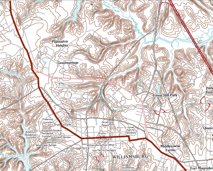 Route 60 between Richmond and Hampton (brown line) was built on top on the watershed divide between the James/York rivers - as was the community of Middle Plantation (now Williamsburg)