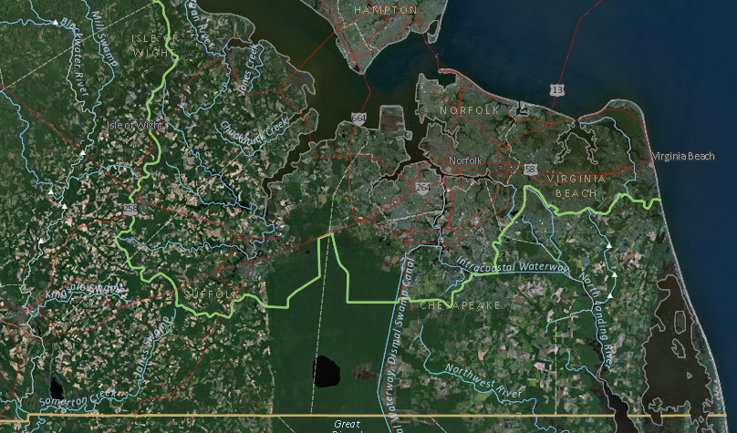 drivers on Route 58 will cross the watershed divide separating James River/Roanoke River watersheds in the City of Suffolk