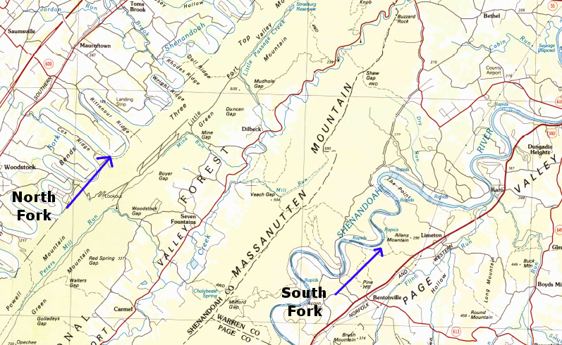 two forks of the Shenandoah River flow north on opposite sides of the Massanutten Mountain