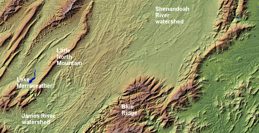 the watershed divide between the Shenandoah and James rivers at Raphine/Steeles Tavern is not obvious, in contrast to the Blue Ridge or subwatersheds defined by individual ridges in the Valley and Ridge physiographic province