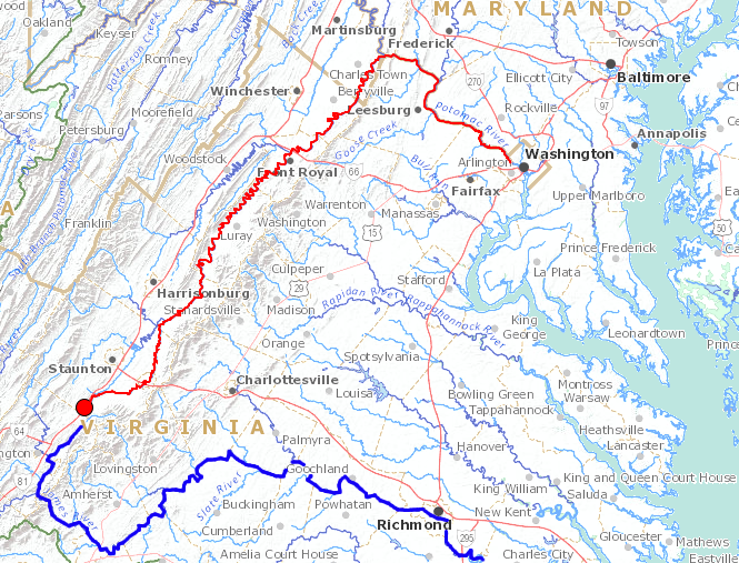 raindrops that flow down the South River into the Shenandoah River (red line) will join the Potomac River and flow past Washington DC on their trip to the Chesapeake Bay, unlike raindrops that flow into the Maury and James rivers (blue line)