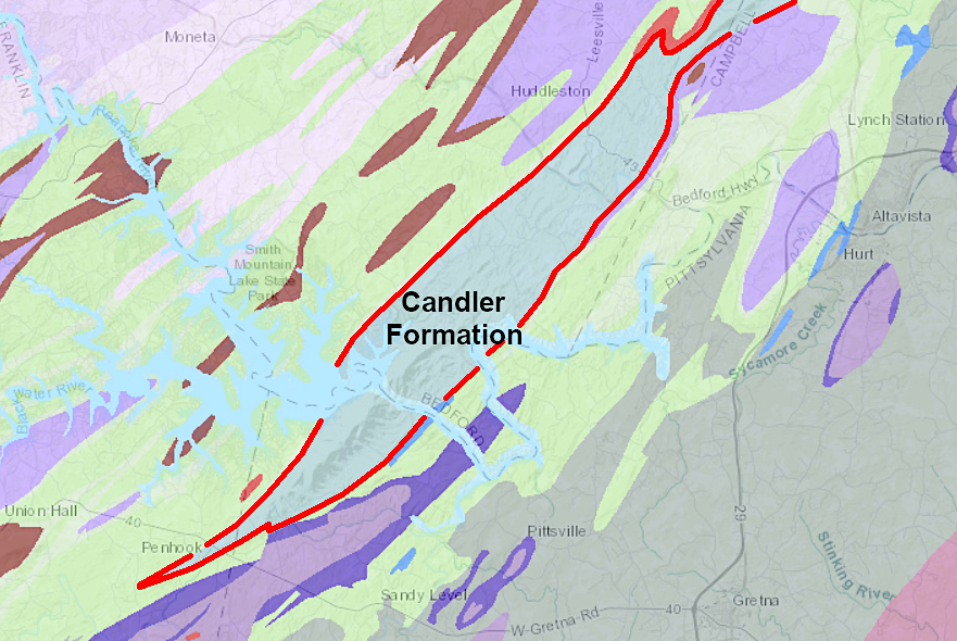 Smith Mountain Dam was constructed where the Staunton/Roanoke River cut through the hard Candler Formation