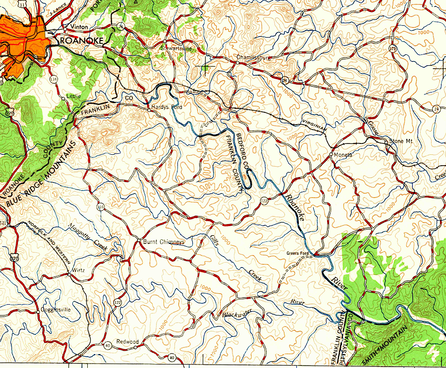 in 1963, prior to construction of Smith Mountain Dam (red circle), the Roanoke River flowed through a rural area that relied upon agriculture/forestry rather than tourism and construction of vacation homes