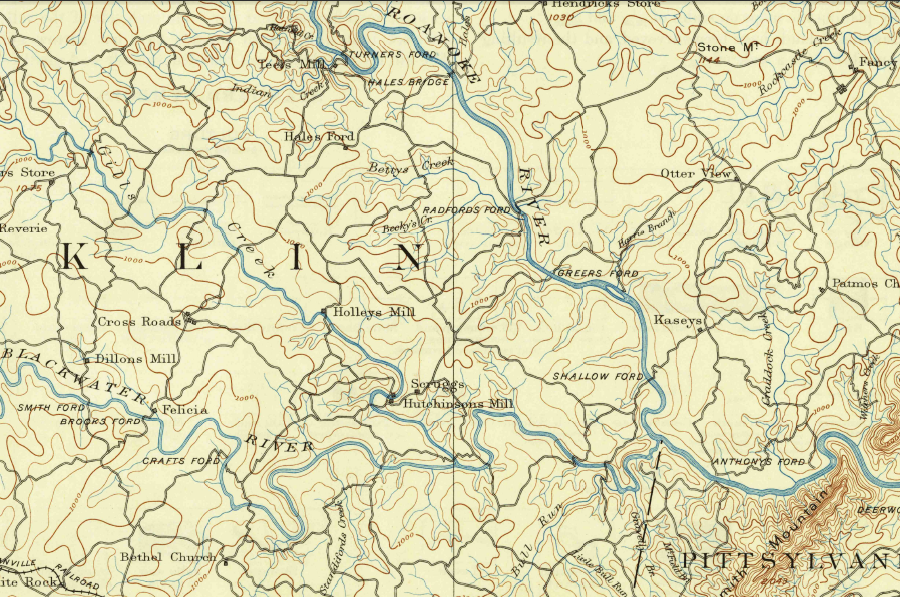 the Roanoke River passed through Smith Mountain, prior to construction of the dams that created two lakes