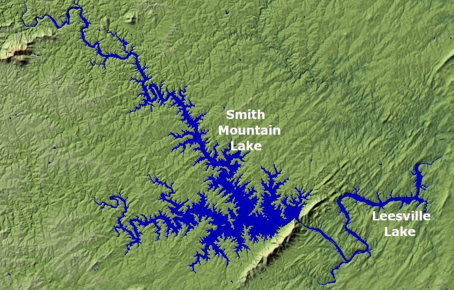 topography reveals why Smith Mountain Dam was built at Smith Mountain Gap on the Roanoke River