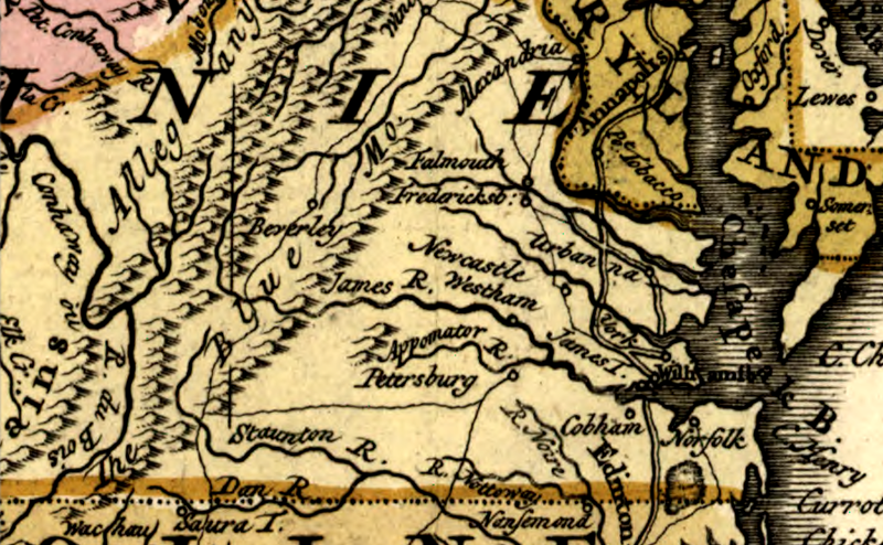 in 1755, the river upstream of the Dan was the Staunton River, the settlement at Beverley was not yet called Staunton - and Richmond was not important enough to show on the map