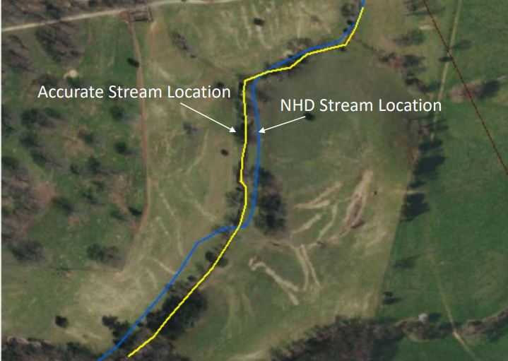 LIDAR provides better detail for identifying the location of stream channels than the National Hydrography Dataset (NHD)