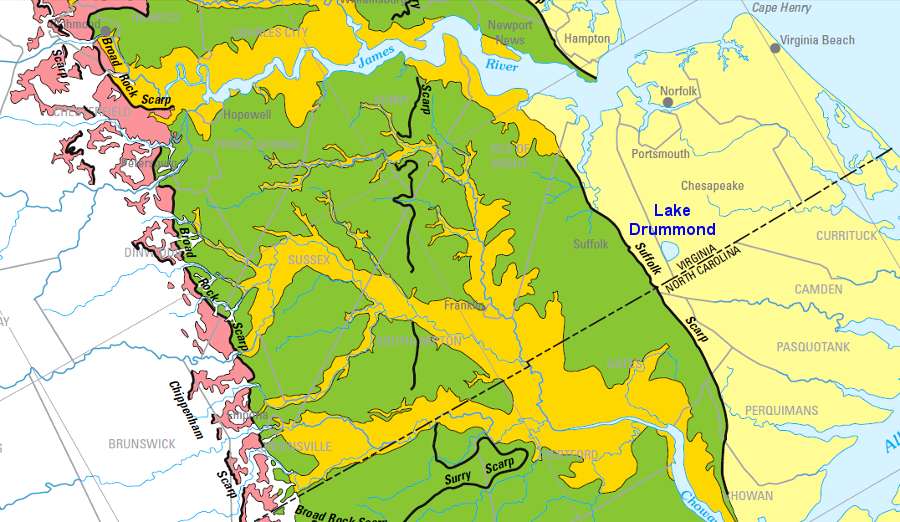 Lake Drummond is located east of the Suffolk Scarp on the Coastal Plain, 18' above sea level