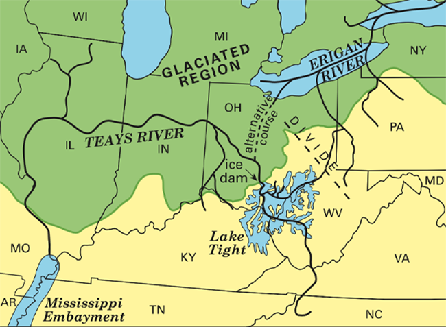 before the Illinoian Glaciation, the Teays River flowed west through what became northern Indiana and Illinois