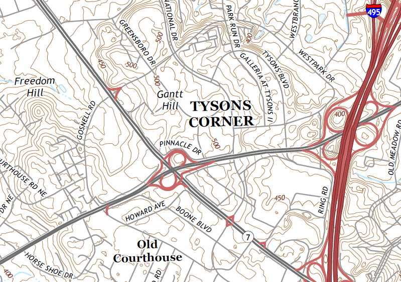 Tysons Corner, now a high spot in Fairfax County with elevation over 500 feet, was once the bottom of the Potomac River (each brown contour line marks a 10' difference in elevation)