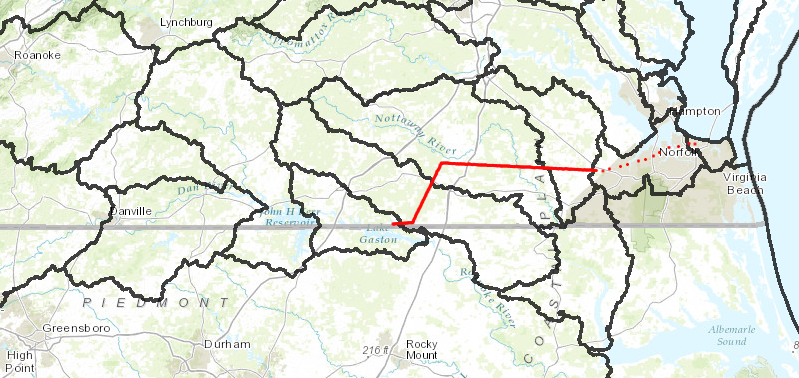 Virginia Beach is not located in the Roanoke River watershed but its water system (red line) taps into Lake Gaston, so the city could be considered part of the Roanoke River hydrologic unit