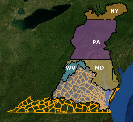56% of Virginia is located within the Chesapeake Bay watershed (and even Maryland has a portion of the state which does not drain to the bay)