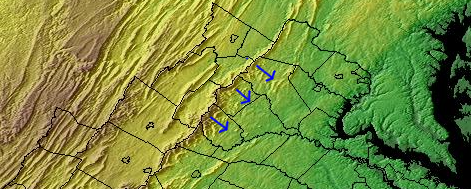 the Blue Ridge is a major watershed divide - rain falling on the east slope flows to the east