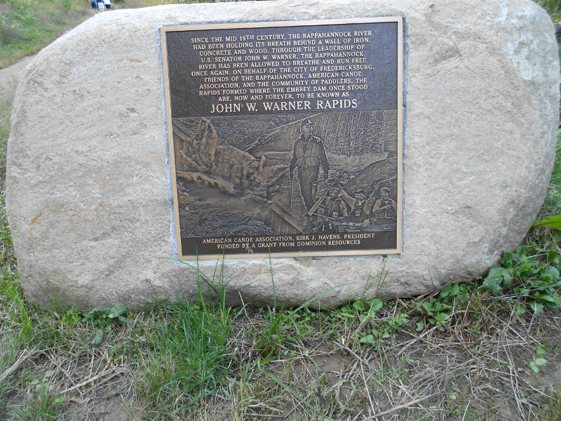 commemorative plaque at site of former Embrey Dam, honoring Senator John Warner for his support of efforts to remove Embrey Dam