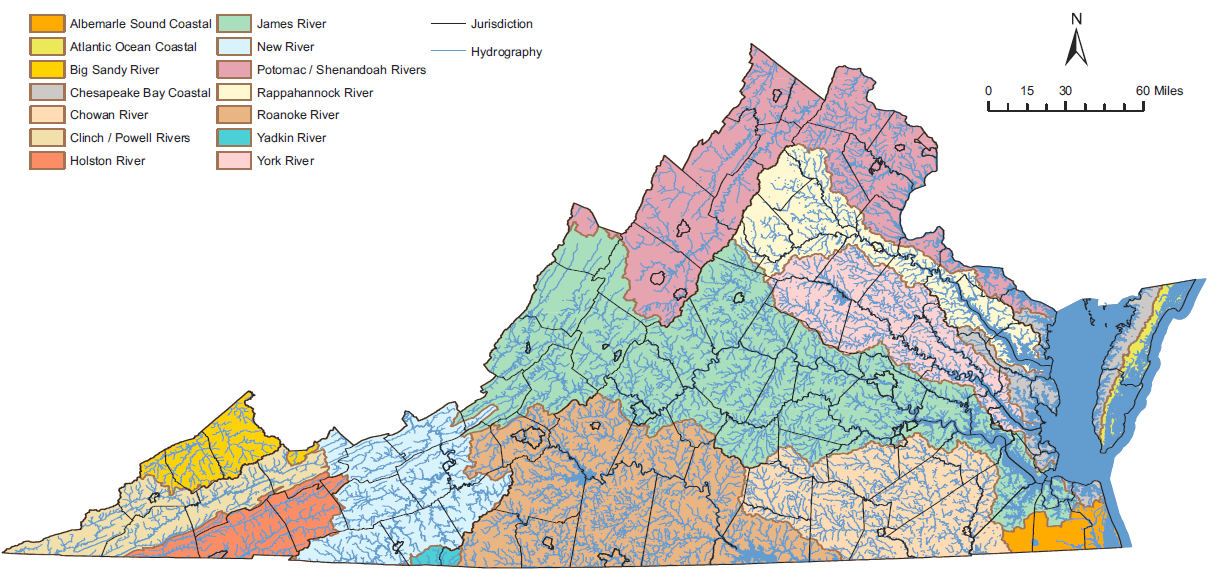 Virginia's watershed boundaries define some county boundaries, such as the Blue Ridge between Albemarle and Warren counties