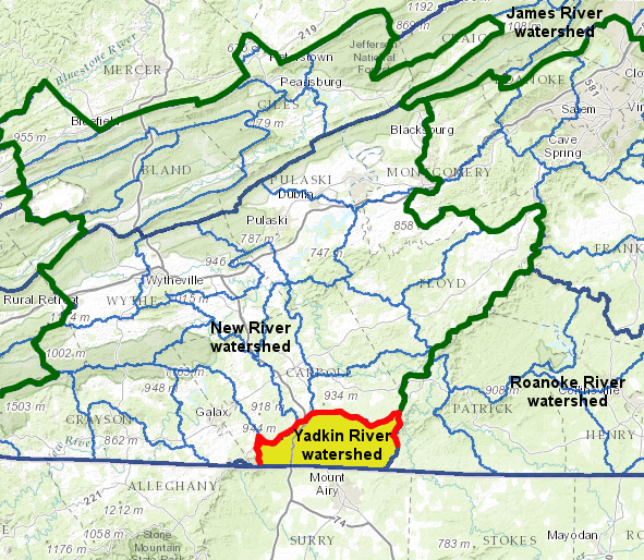 on the North Carolina border, the Eastern Continental Divide separates the Ohio River and Pee Dee River watersheds