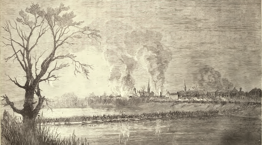 Union troops crossing the Rappahannock River on pontoon bridges to seize Fredericksburg, December 1862
