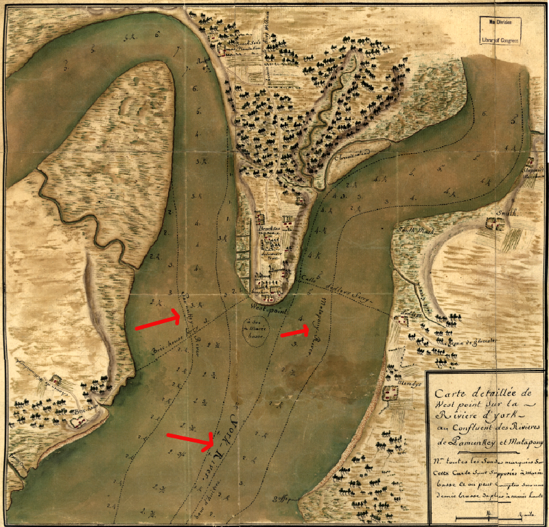 confluence of Pamunkey and Mattaponi rivers, forming the headwaters of the York River at West Point (as depicted in French army map from the 1781 Yorktown Campaign)
