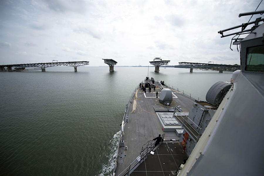 the George P. Coleman Memorial Bridge, the only bridge to cross the York River, swings open to allow ships to pass between Yorktown and Gloucester Point