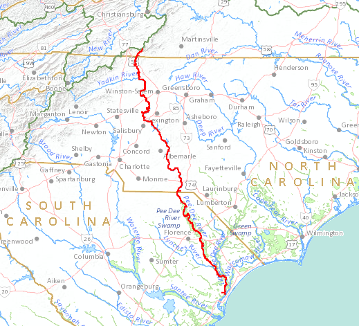 a raindrop falling into the headwaters of the Ararat River in Virginia will flow 376 miles to the mouth of the Pee Dee River in South Carolina