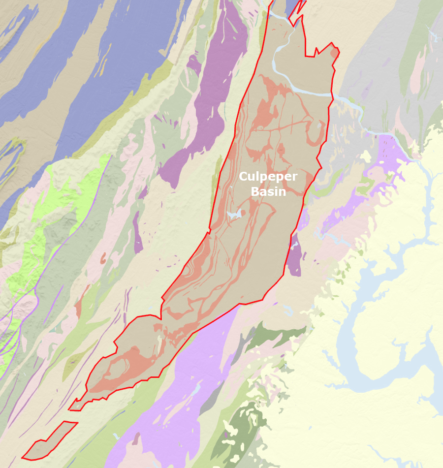 exposed basalt dikes (red) are common in the Culpeper Basin
