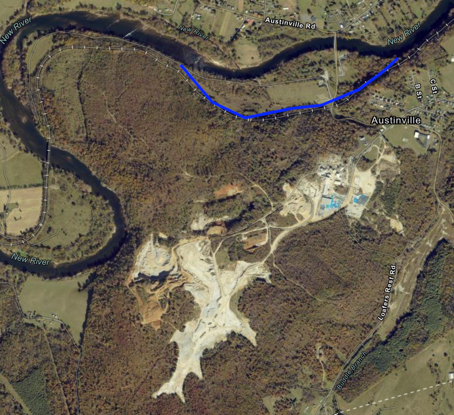the New River was rerouted from its original channel (blue line) to provide access to the ore body