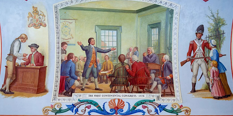 beneath a painting in the US Capitol celebrating the First Continental Congress are the words Our Government: Conceived in Freedom, Purchased in Blood