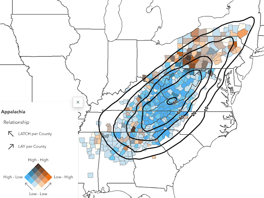 pronunciation of Appalachia is distinctly different in New York than in Virginia (black isolines identify the percentage of people defining the area as Appalachia)