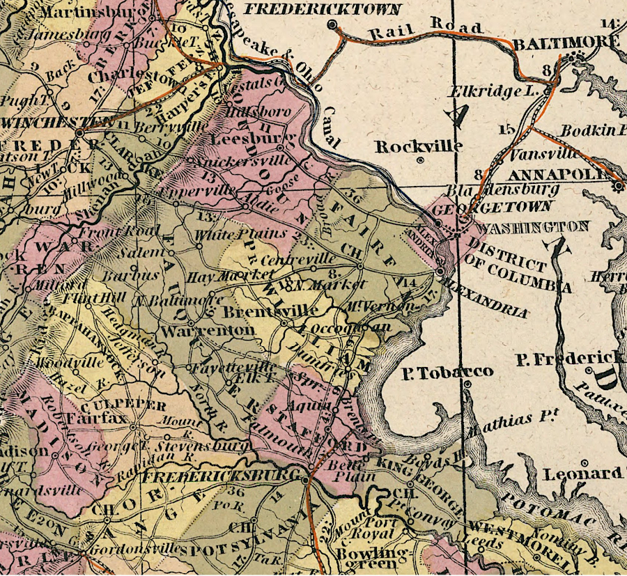 in 1848, Alexandria (red X) had no railroad track bringing agricultural products from the hinterland to the port