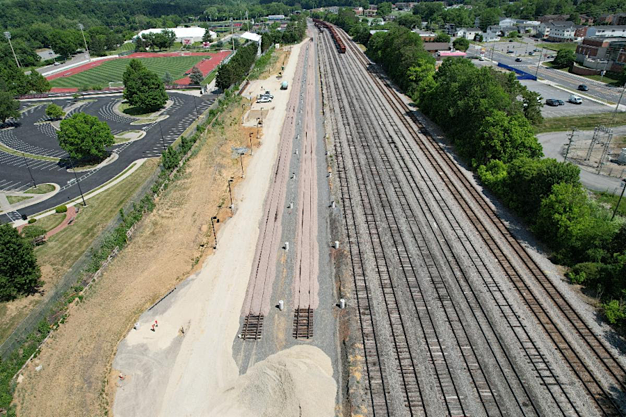 a retaining wall was built to separate two layover tracks at Radford (left) from Norfolk Southern's Yard Tracks and Main Line