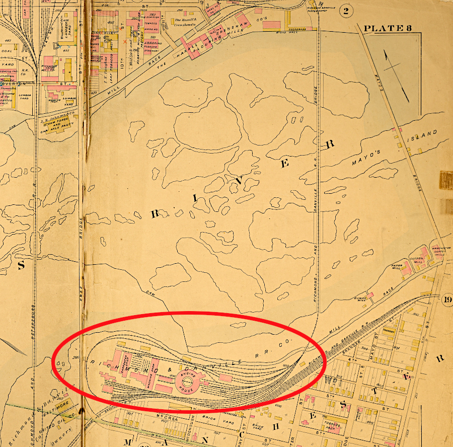 the Richmond and Danville Railroad yard and roundhouse were built in Manchester, south of the James River in Manchester