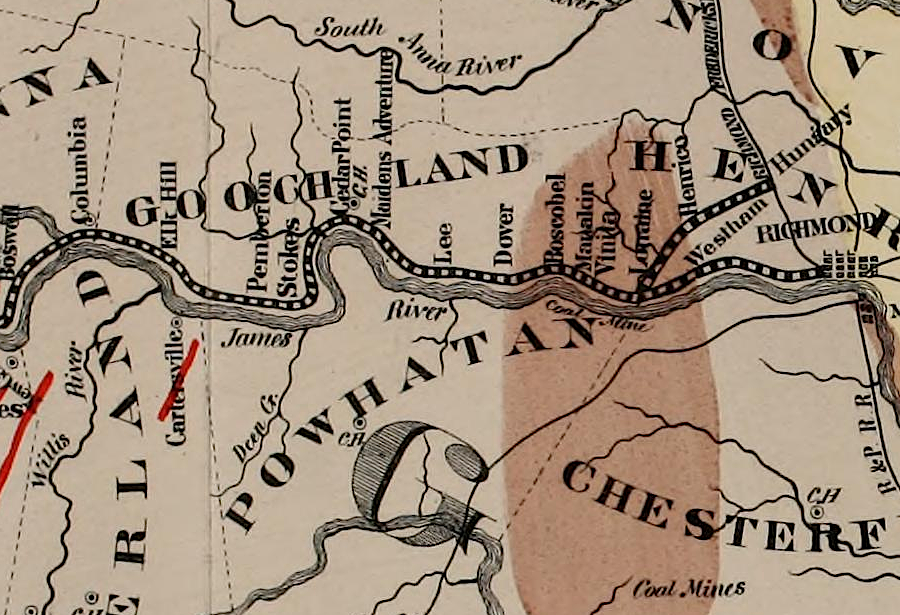 the Richmond and Alleghany Railroad was built from Richmond westward, reaching Bremo Bluff after Columbia