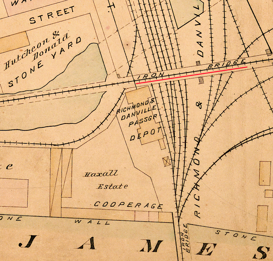 in Richmond, the Richmond and Alleghany Railroad built a bridge to cross the former turning basin and the tracks of the Richmond and Danville Railroad