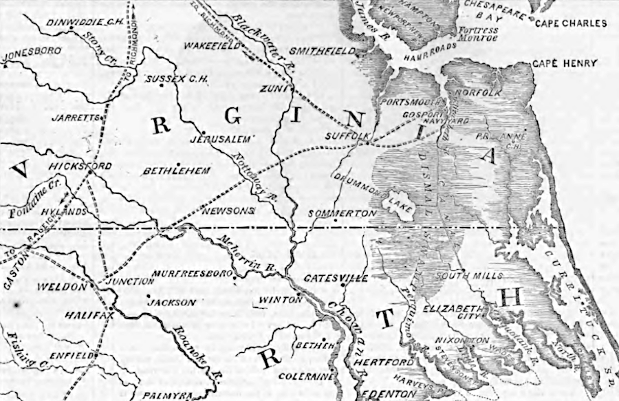 at the start of the Civil War in 1861, Confederate forces could reach Hampton Roads by train using the Seaboard and Roanoke Railroad and the Norfolk and Petersburg Railroad
