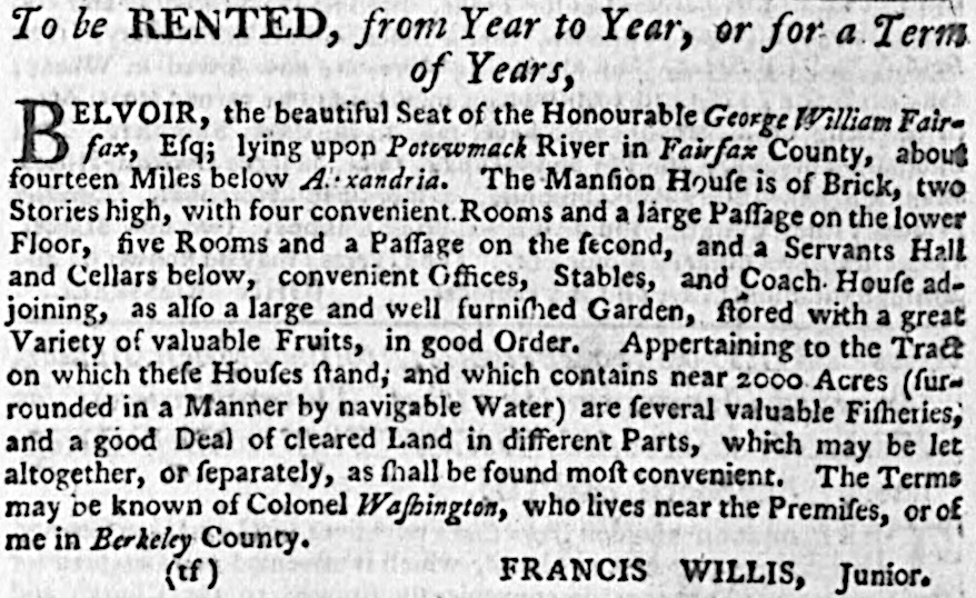 George William Fairfax returned to England in 1773 and George Washington arranged to lease his property at Belvoir