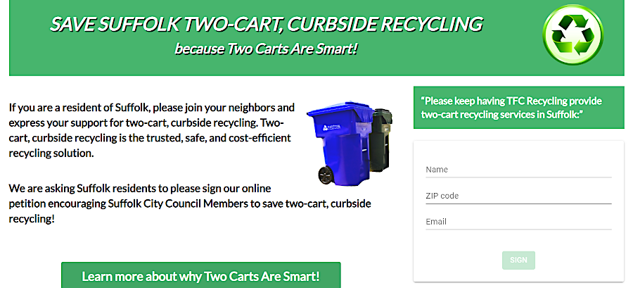 TFC Recycling sought to retain its contract with Suffolk for collecting recyclables in a separate blue bin, after SPSA Waste Solutions contracted for collecting mixed solid waste from one bin at each house